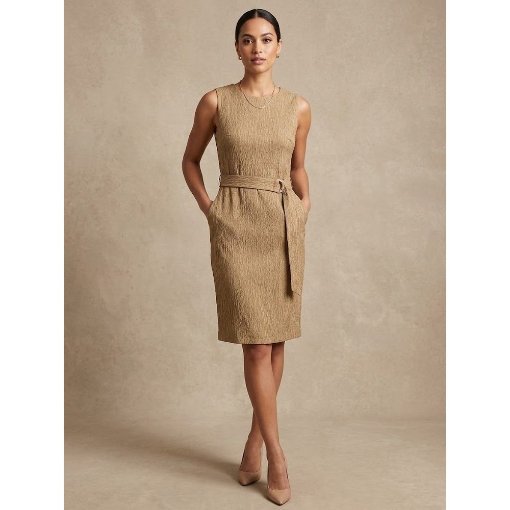Bronze Khaki Crinkle Belted Sheath Dress 4 NWT Holiday Wedding Guest Cocktail